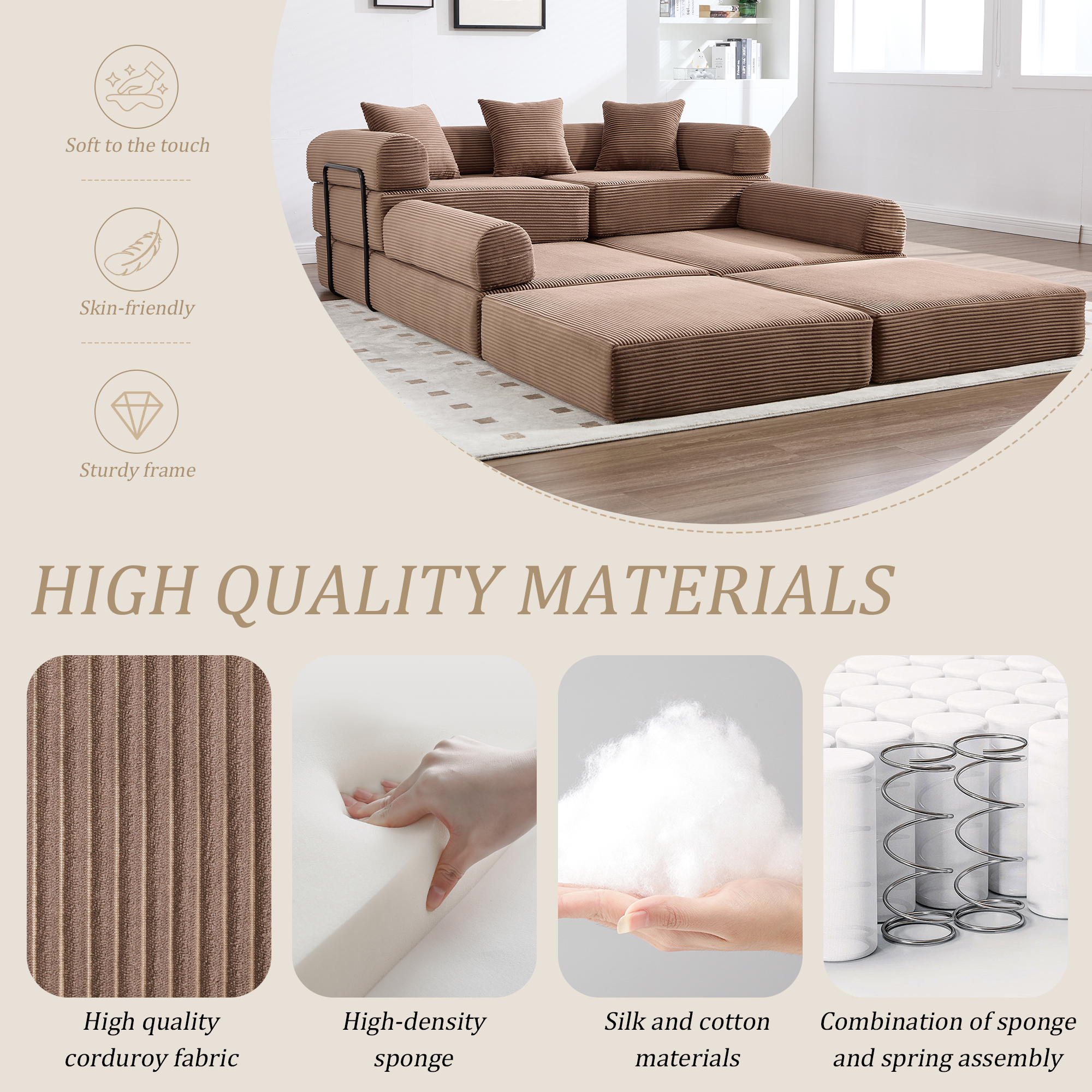 MOONMISS Corduroy Upholstered Convertible Folding Sofa Bed with Fixed Frame and Pillow Back Handrail-Brown