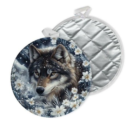 

2 PCS Pot Holders for Kitchen Potholders Sets with Hook for Oven Cooking Baking Beautiful Wolf In The Snow Surrounded By White Flowers