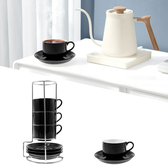 LINFANG 4 Pcs Ceramic Cappuccino Cup with Saucers and Metal Stand Stackable Espresso Cup for Espresso Specialty Coffee Drinks Latte Americano and Tea