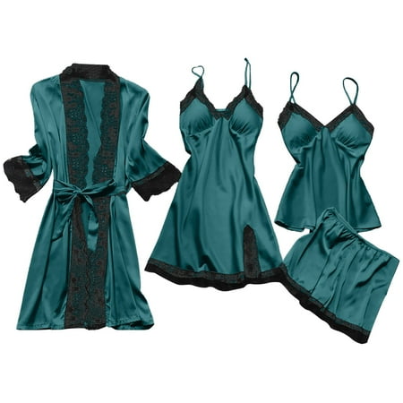 Brnmxoke Women  Silk Satin Pajamas Set 4pcs Lingerie Sleepwear Women s Solid Color Nightgown with Robes Set Soft Sexy Lace Cami Nightwear