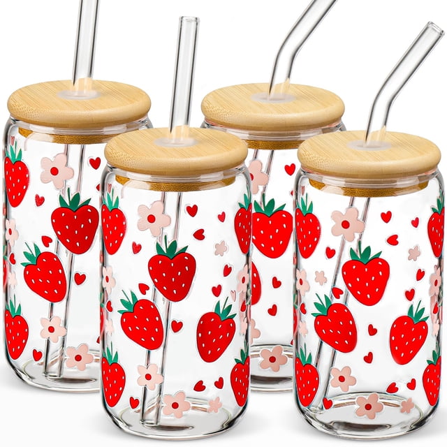 Juego de vasos de vidrio DWTS Strawberry Design con tapas y pajitas, 4 unidades