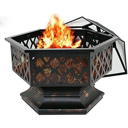 Wood Burning Fire Pit Hexagon 24 Inch - Steel Fireplace Bowl with Screen Cover for Outdoor Patio, Backyard, Heater - Bronze Finish