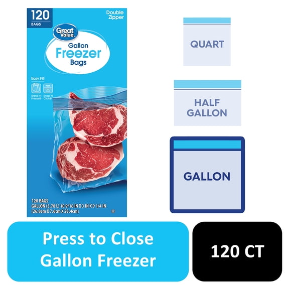 Great Value Gallon Freezer Bags with Double Zipper, 120 Count