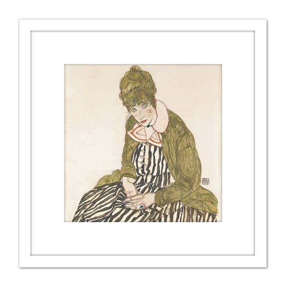 Egon Schiele Edith With Striped Dress Sitting 8X8 Inch Square Wooden Framed Wall Art Print Picture with Mount