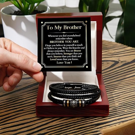 Birthday Gift for Brother From Sister, To My Brother Bracelet, Christmas Gift for Brother, Leather for Men With Message Card and LED Box, Brothers Bracelets Gift