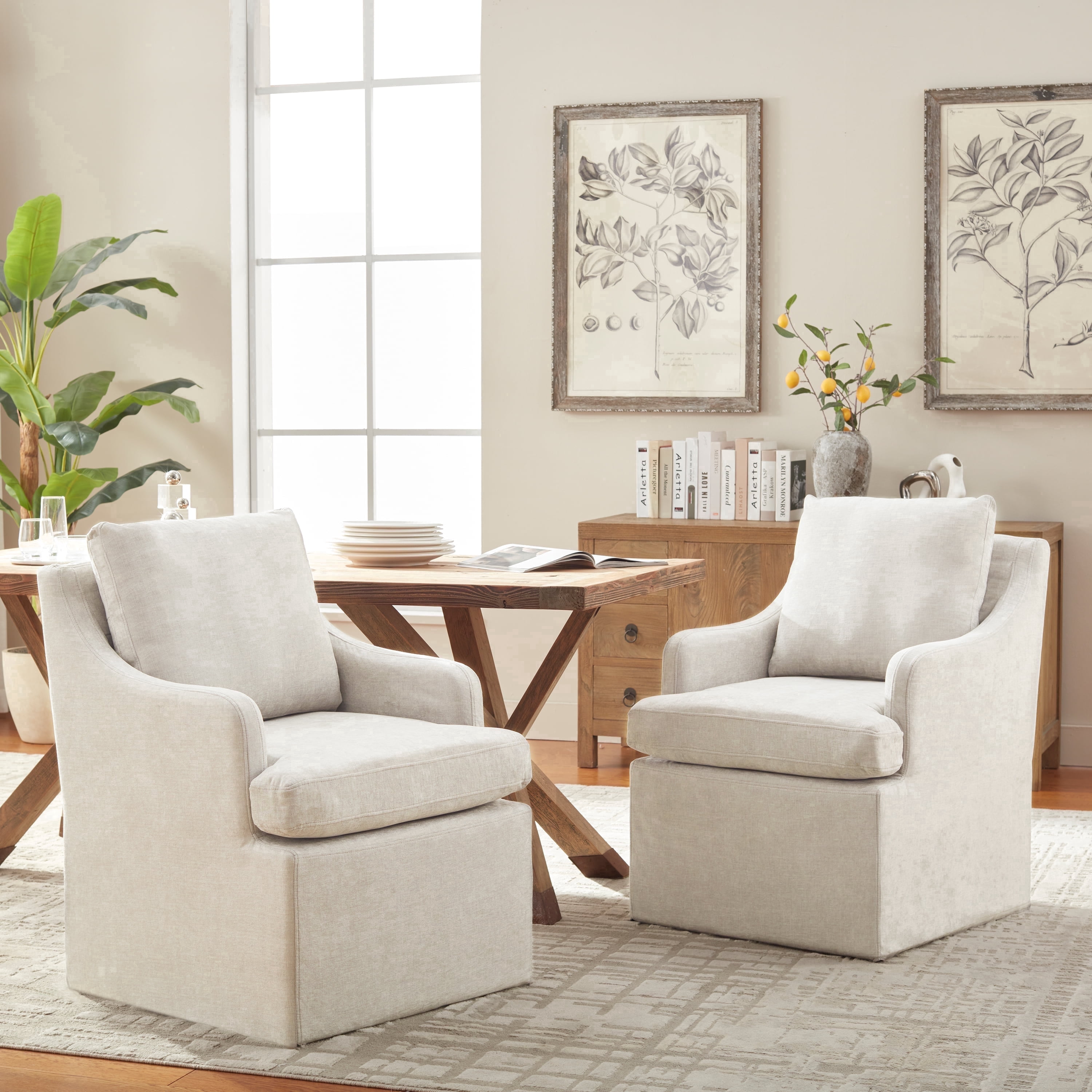 Vknow Furniture Minimalist Upholstered Dining Chairs Set of 2 Ergonomic Comfort Dining Arm Chairs for Dining Room, Living Room, Office,Cream