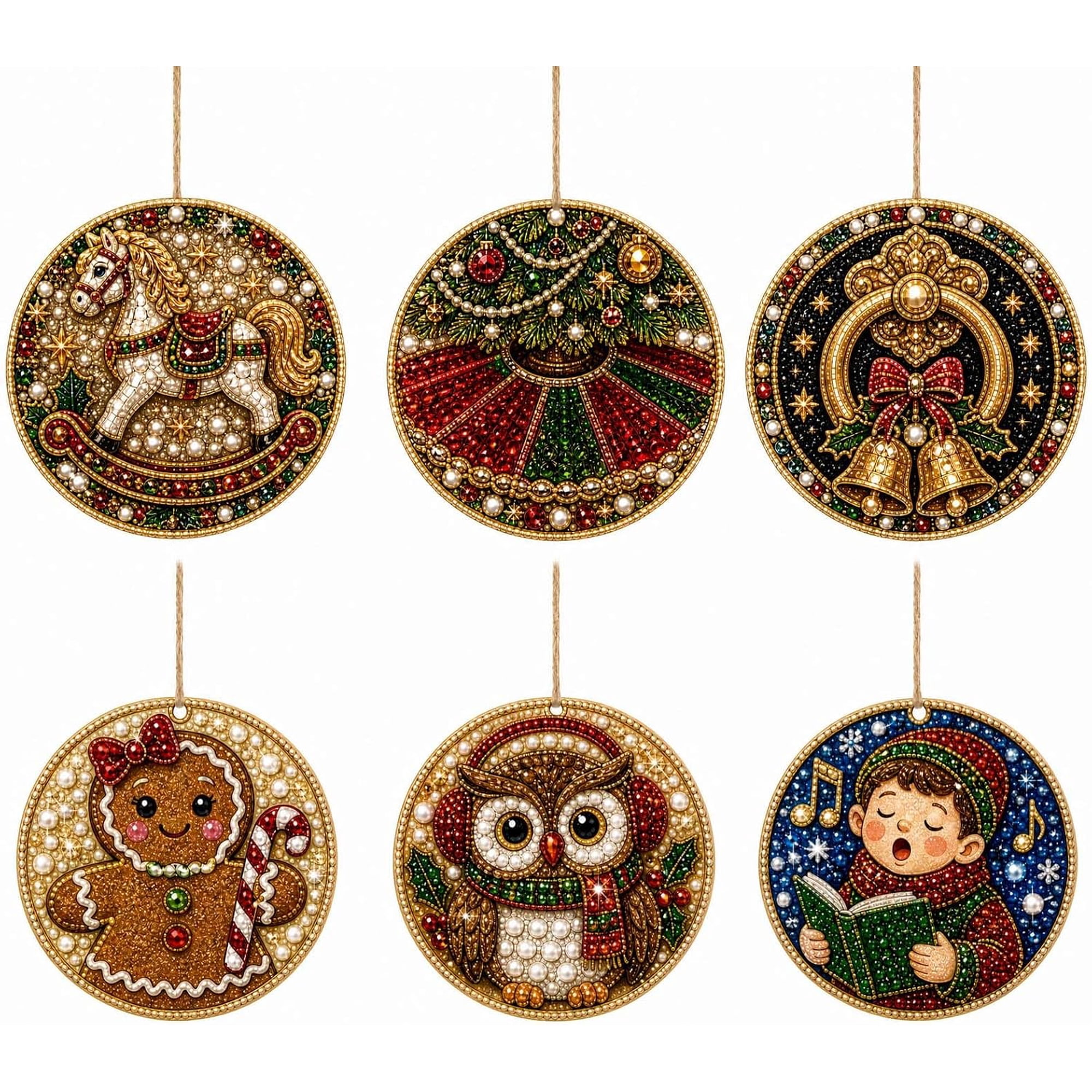 6 Pack Christmas DIY Diamond Art Ornaments Pearl Resin Wooden Pendant Craft Kit for Tree Decor and Holiday Gifts