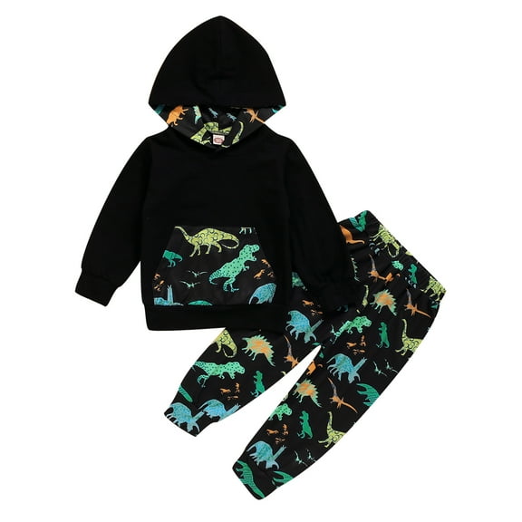 KIMI BEAR Infant Baby Boys Pant Sets Long Sleeve Hooded Top Dinosaur Print Pants 2pcs Fall Outfits Black 18-24 Months