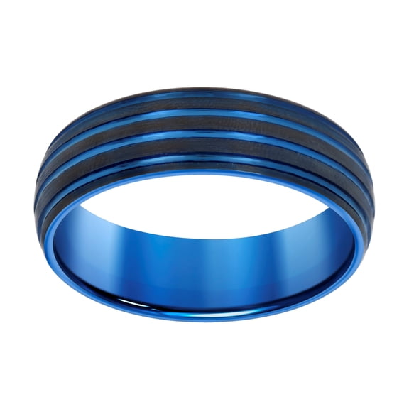 Tungsten Black & Blue Mens Grooved Comfort-fit Bridal Anniversary Engagement Wedding Band Size 10
