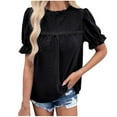 thumbnail image 2 of Meichang Eyelet Embroidery Short Sleeve T Shirts Women Solid Ruffle Trim Crew Neck Tees Shirts Puff Sleeve Loose Fit T-Shirts Dressy Casual Work Blouses Black L, 2 of 8