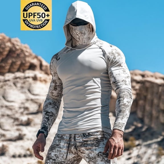 Guieoi Mens Shirts under $5.00 Men's Printing Summer Sunscreen Is Breathable Long Sleeve with A Mask Hooded Blouse White