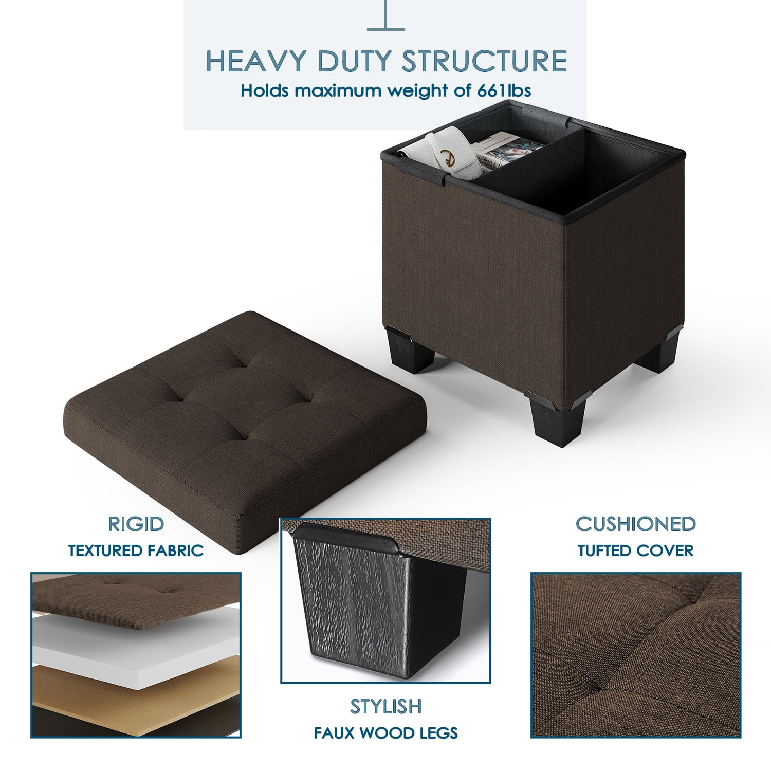 StorageBud Ottoman with Storage Bench, 15-inch Foot Stool Storage Ottoman, Linen, Brown