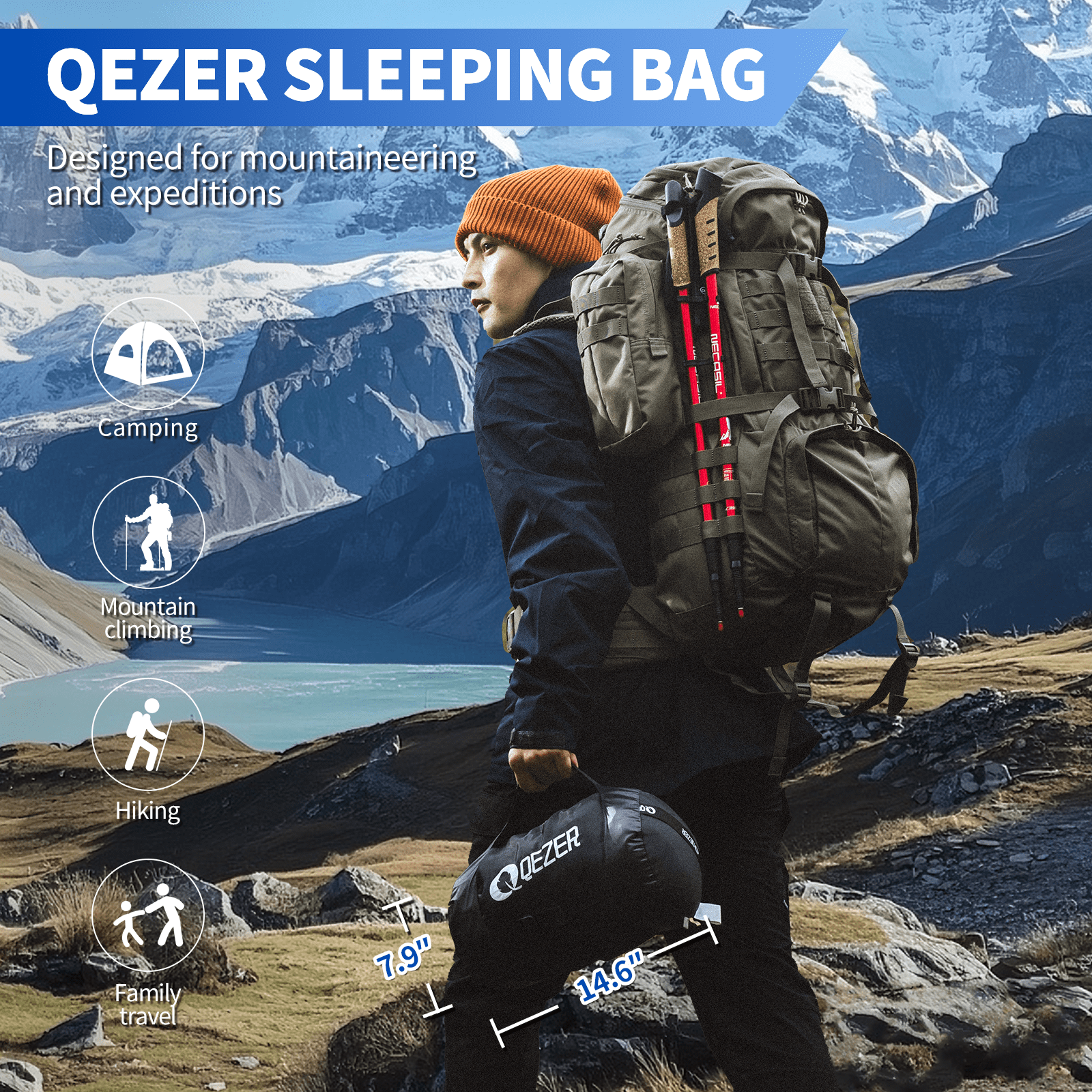 QEZER Down Sleeping Bag for Adults, 10°F Cold Weather Backpacking Sleeping Bag with Compression Sack