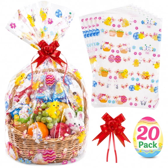 Easter Wrapping Bags Easter Cellophane Bags for Basket with Bow Clear Egg Bunny Bags for Gift Wrapping Easter Party Supplies 20-Pack Set 1