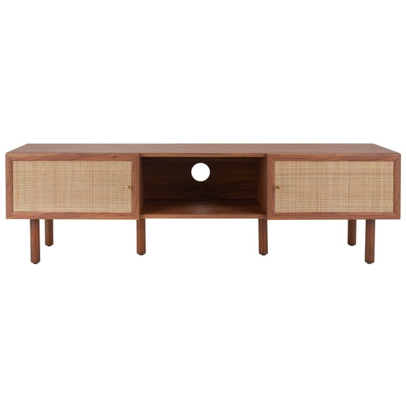 SAFAVIEH Silvanna 2 Door Media Stand, Walnut/Natural Rattan (59.8 in. W x 16.3 in. D x 17.5 in. H)