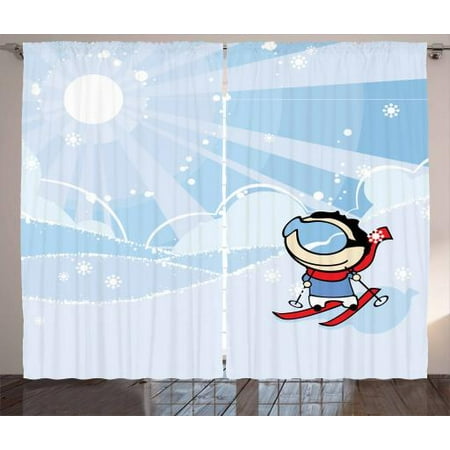 Kids Sports Curtains 2 Panels Set Cute Boy Skiing On The Mountain