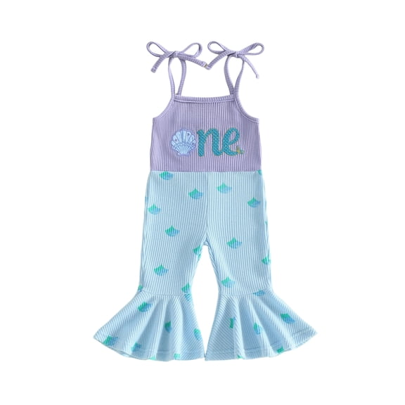 BemeyourBBs Baby Girl First Birthday Outfit 1st Birthday One Years Old Clothes Summer Waffled Romper Overalls Donut Sweet One Letter Embroidery Tie-up Strap Sleeveless Flared Jumpsuit
