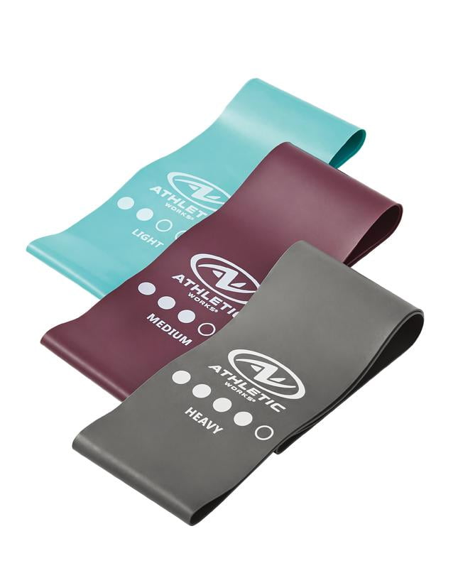 Athletic Works Loop Exercise Bands, 3 Pieces Set, Light, Medium, Heavy 12 In. x 3 In. Carry Pouch Included