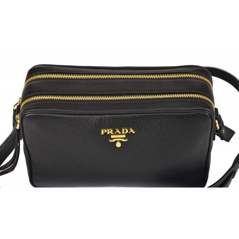 New Prada Black Vitello Phenix Leather Double Zip Cross Body Bag