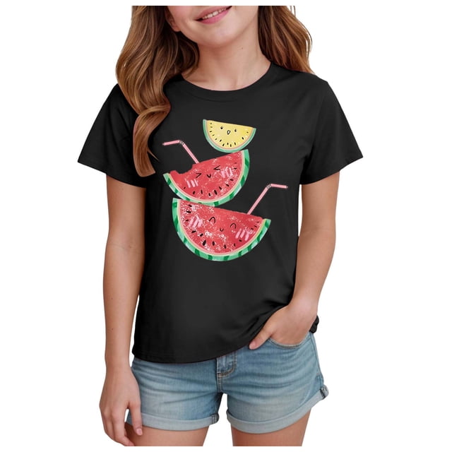 DXOUPM Chemises Filles Imprimé Mignon Col Rond Été Manches Courtes Blouse Légère Sortie