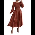 thumbnail image 2 of Vestidos de Invitada de Boda de Otoño para Mujer, con Mangas Largas Abullonadas, Fruncido, Cuello Redondo, Informal, Escalonado, Corte A, Vestido Fluido Marrón M, 2 of 7