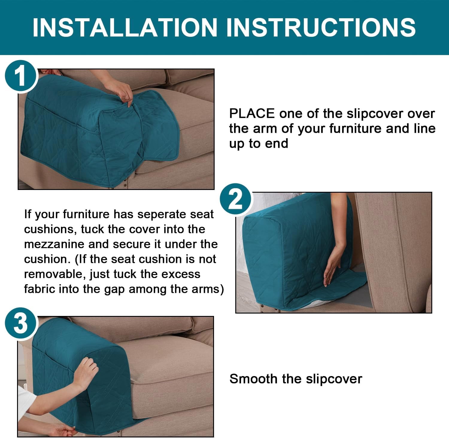 2 Pack Waterproof Armrest Covers for Chairs and Sofas Armrest Covers Couch Arm Covers for Sofa with Side Pocket Anti-Slip Furniture Protector Washable Armrest Slipcovers(Dark Teal)
