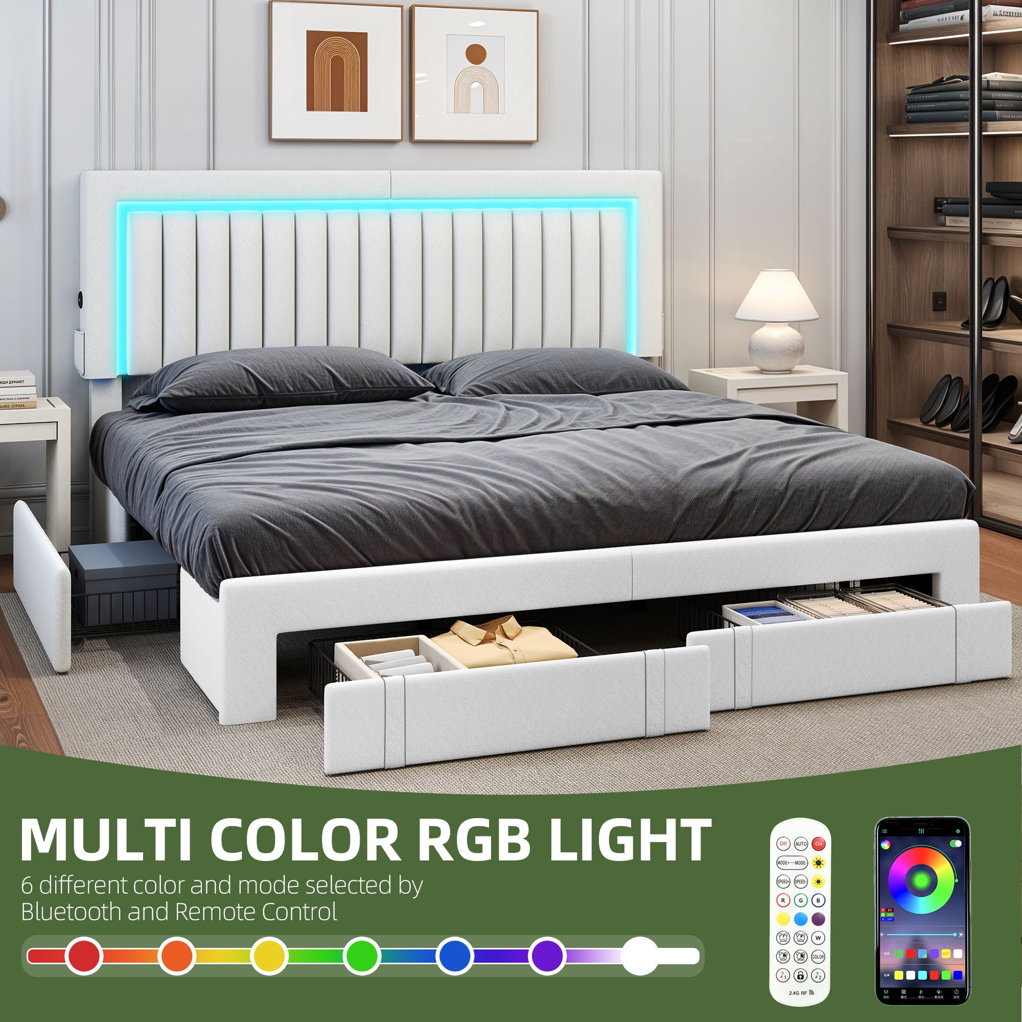 King Size Velvet Upholstered Platform Bed Frame with RGB LED Lights, 4 Storage Drawers & USB Ports (White)