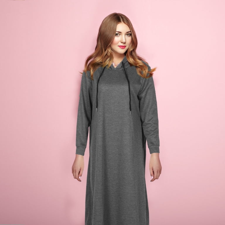 OUNONA Women's Oversized Grey Hoodie Dress with Hood and Adjustable Drawstring, Casual Comfortable Sweatshirt Dress for Everyday Wear