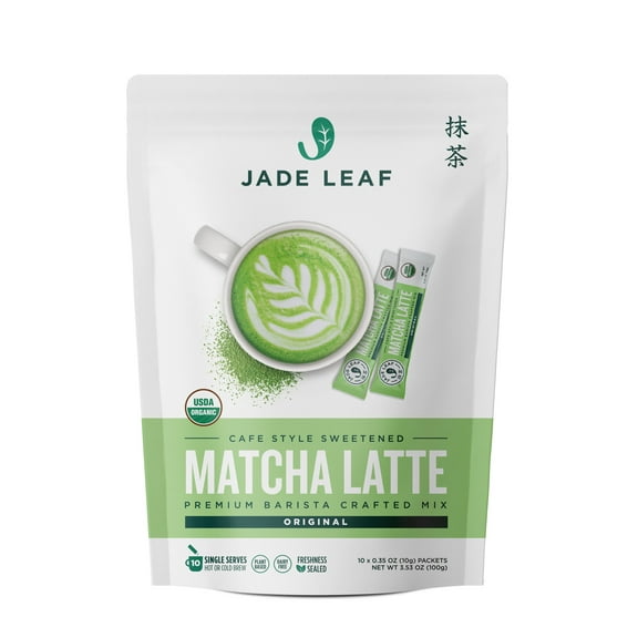Jade Leaf Matcha Organic Cafe Style Sweetened Matcha Latte Premium Barista Crafted Mix - Sweet Matcha Green Tea Powder - Authentic Japanese Origin (10 Count Single Serve Stick Pack Pouch)