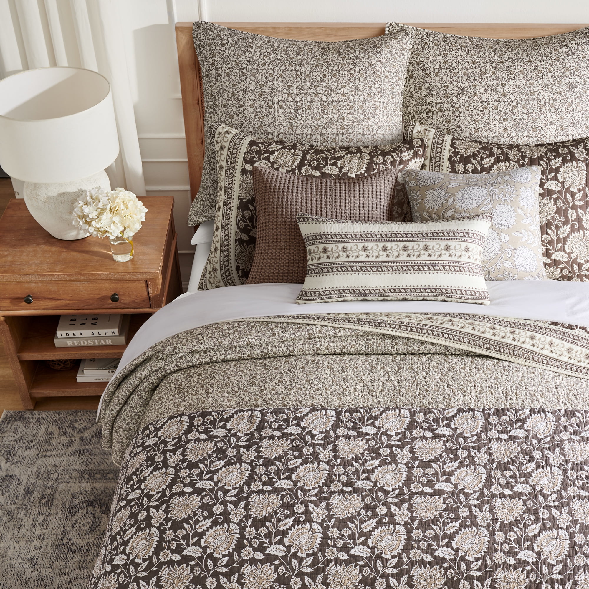 Levtex Home Adare Cocoa Reversible Twin / Twin XL Quilt Set (68x86in) with 1 Pillow Sham (26x20in) - Floral Bedding - Brown Taupe Cream - Cotton Twin Size Quilt Bedding Set