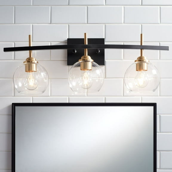 360 Lighting Modern Wall Light Sconce Black Gold Hardwire 27" 3-Light Fixture Clear Glass Globe for Bedroom Bathroom Vanity Home