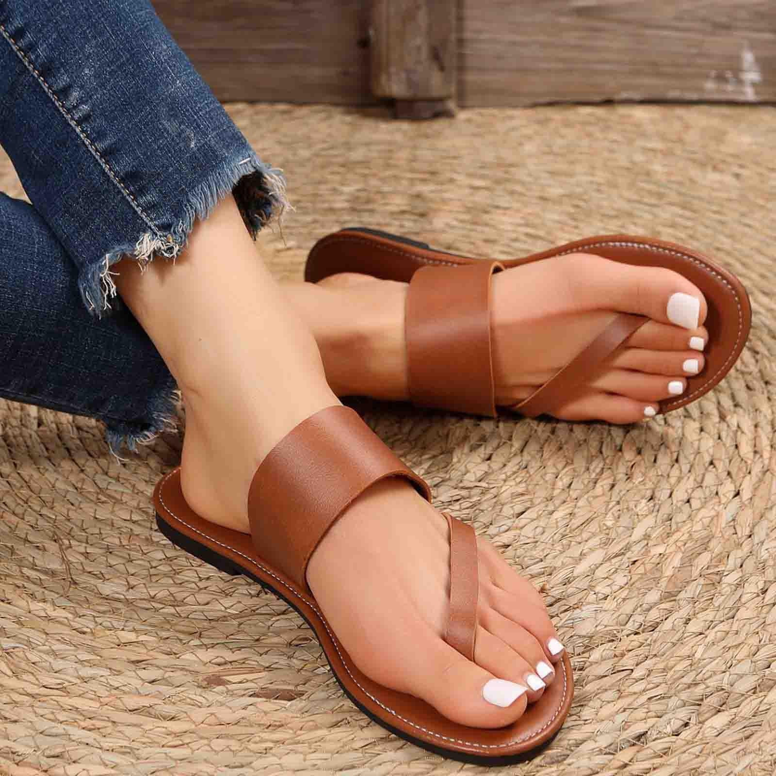 Cethrio Womens Summer Flats Sandals- on Clearance Wide Width Slides Sandal  Flip Flops Comfy Soles Brown Dressy Sandals/ Slides Size 9.5