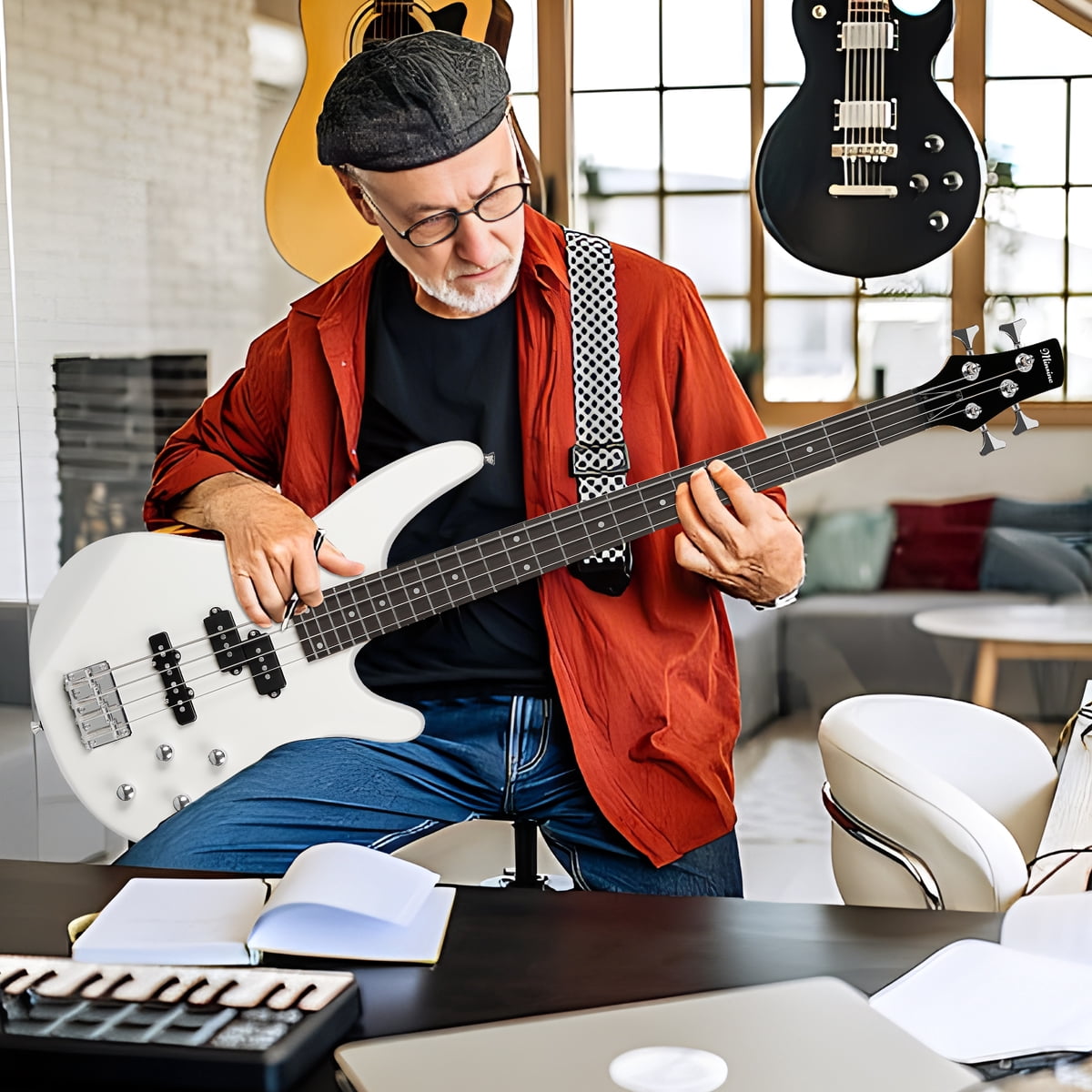 Electric Bass Guitar 4 Strings Full Size P Bass Beginner Kit Black for Starter with Gig Bag, Guitar Strap, and Guitar Cable