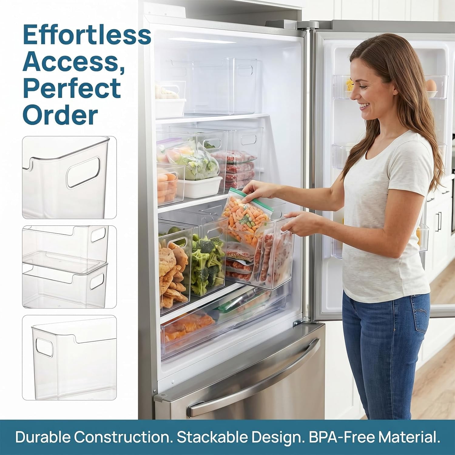 Crystal Clear Freezer Storage Bins - 4 Pack Pantry Storage Bins and Organizers, Plastic Bins for Shelves, Kitchen, Freezer, Cabinet, Closet, Bathroom Under Sink Storage (L*4)