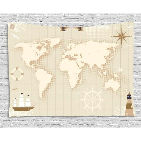 World Map Tapestry Old World Map With Windrose Lighthouse