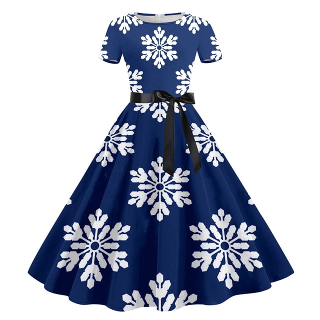 Qertyioot Robe Imprimée de Noël pour Femmes, Mode Hiver Manches Courtes Vintage Décontractée