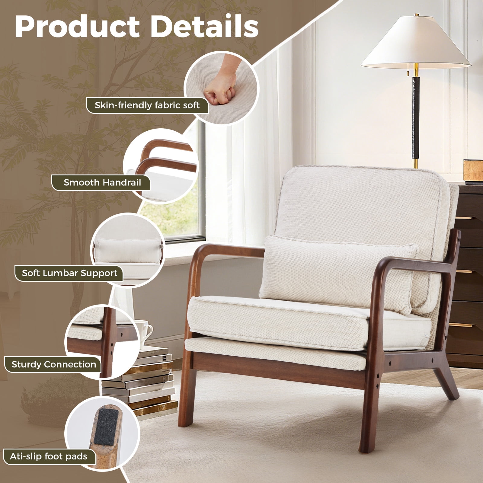 GIANNA Modern Accent Lounge Chair with Armrests and Cushion, Wooden Frame Reading Chair for Living Room or Bedroom, Beige