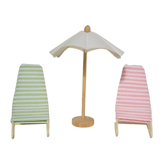 3 sillas de playa y sombrilla a escala 1/12, hechas a mano, modelo en miniatura, muebles. Verde rosado