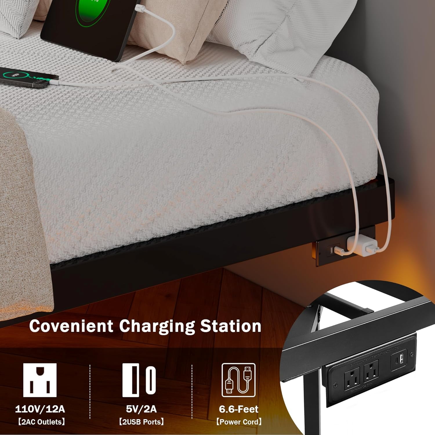 Honfach Full Size Floating Bed Frame with Led Lights and Charging Station, Metal Bed Frame with Heavy Duty Steel Slats Supports, Black