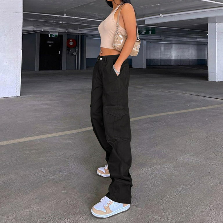 HIMIWAY Cargo Pants Women Palazzo Pants for Women Women's Fashion Casual  Solid Color Washed Denim Multi-Pocket Overalls Pants Black D XXL 