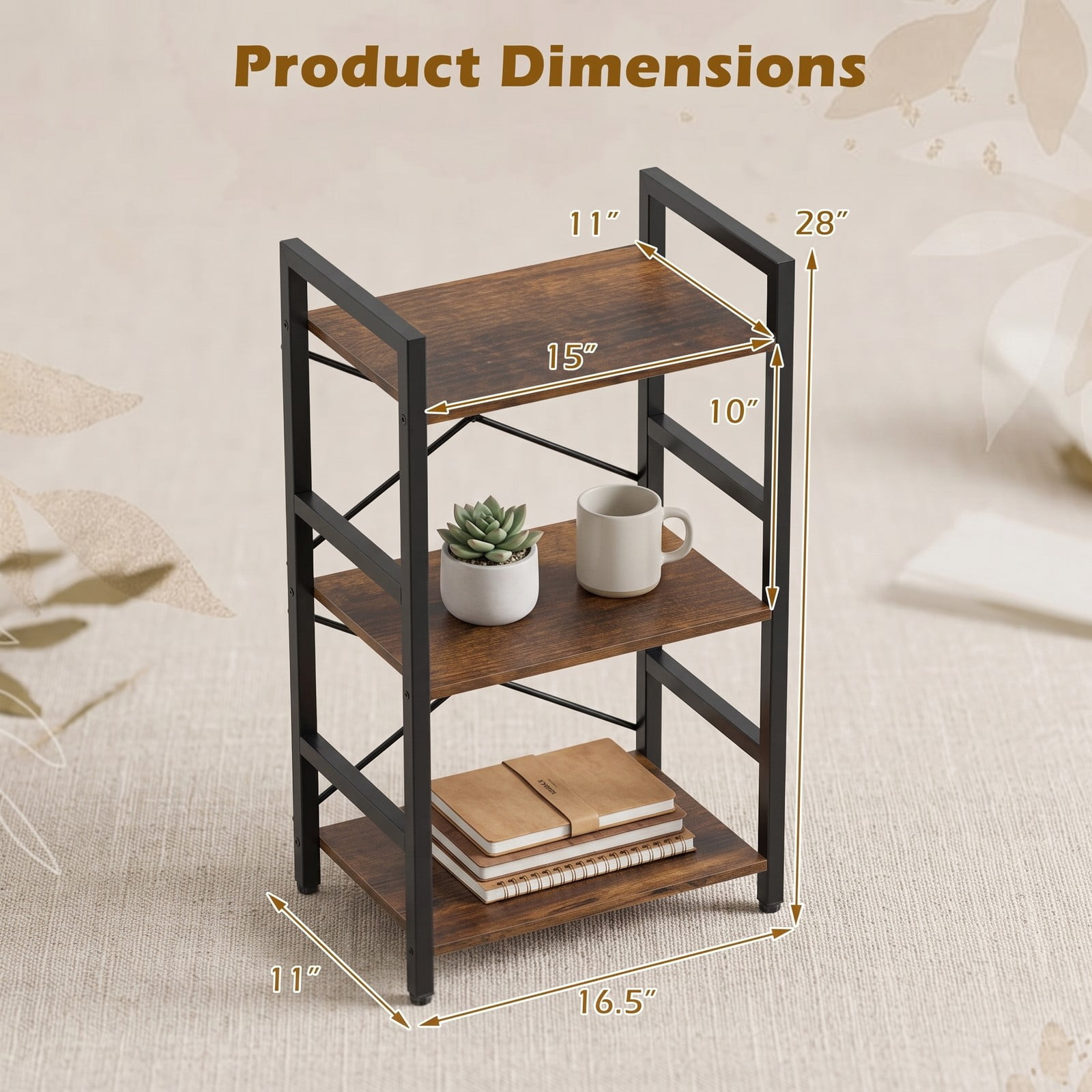 Furnibear 4-Tier Bookshelf with Sturdy Metal Frame, Freestanding Wood Storage Rack Display Shelf Organizer with Anti-Tip Kit for Study Home Office Living, Rustic Brown