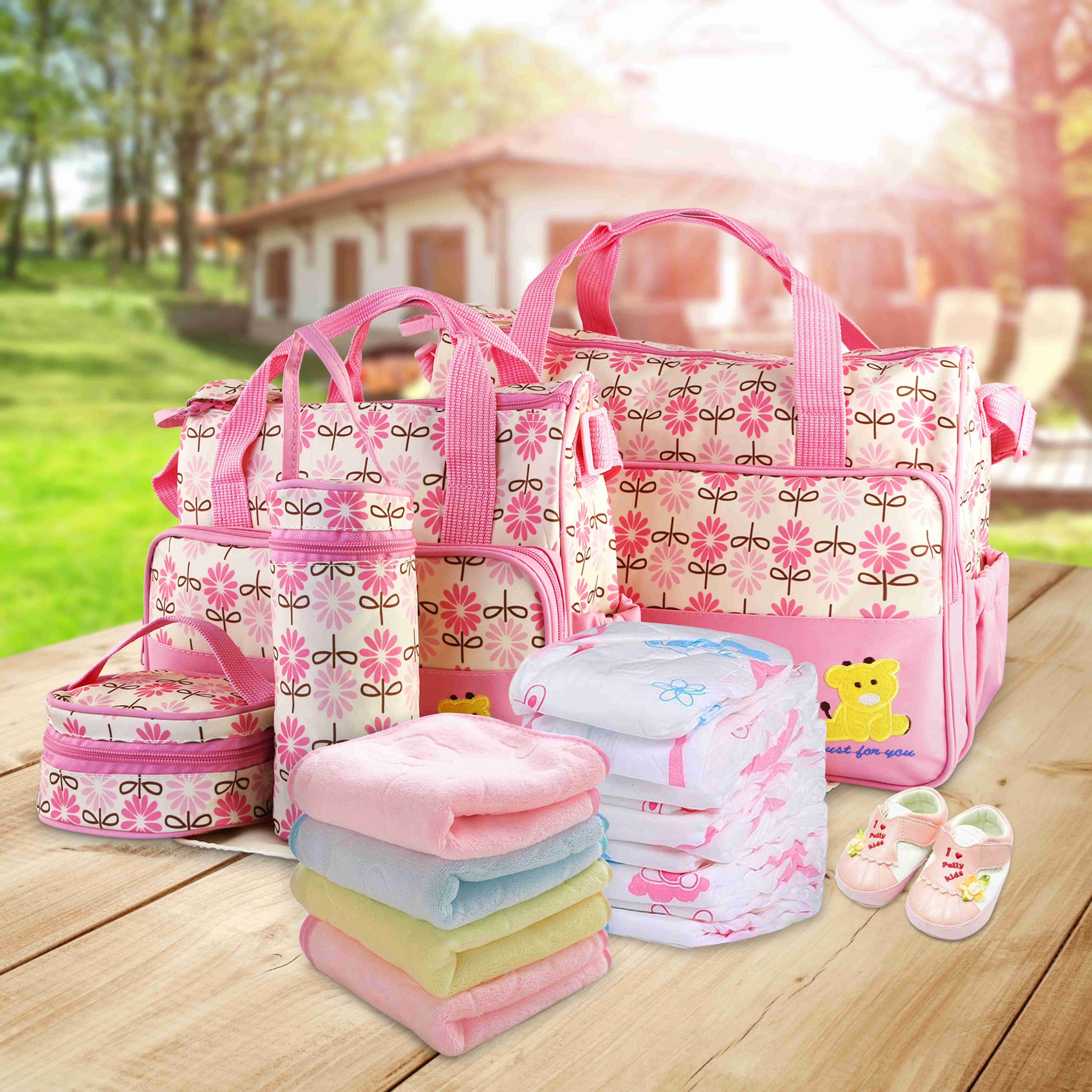 Moclever 5Pack Set Mummy Diaper Tote Bag Baby Nappy Bag Water-Resistant Stain-Resistant with Insulated Water Bottle Bag Napping, Pink