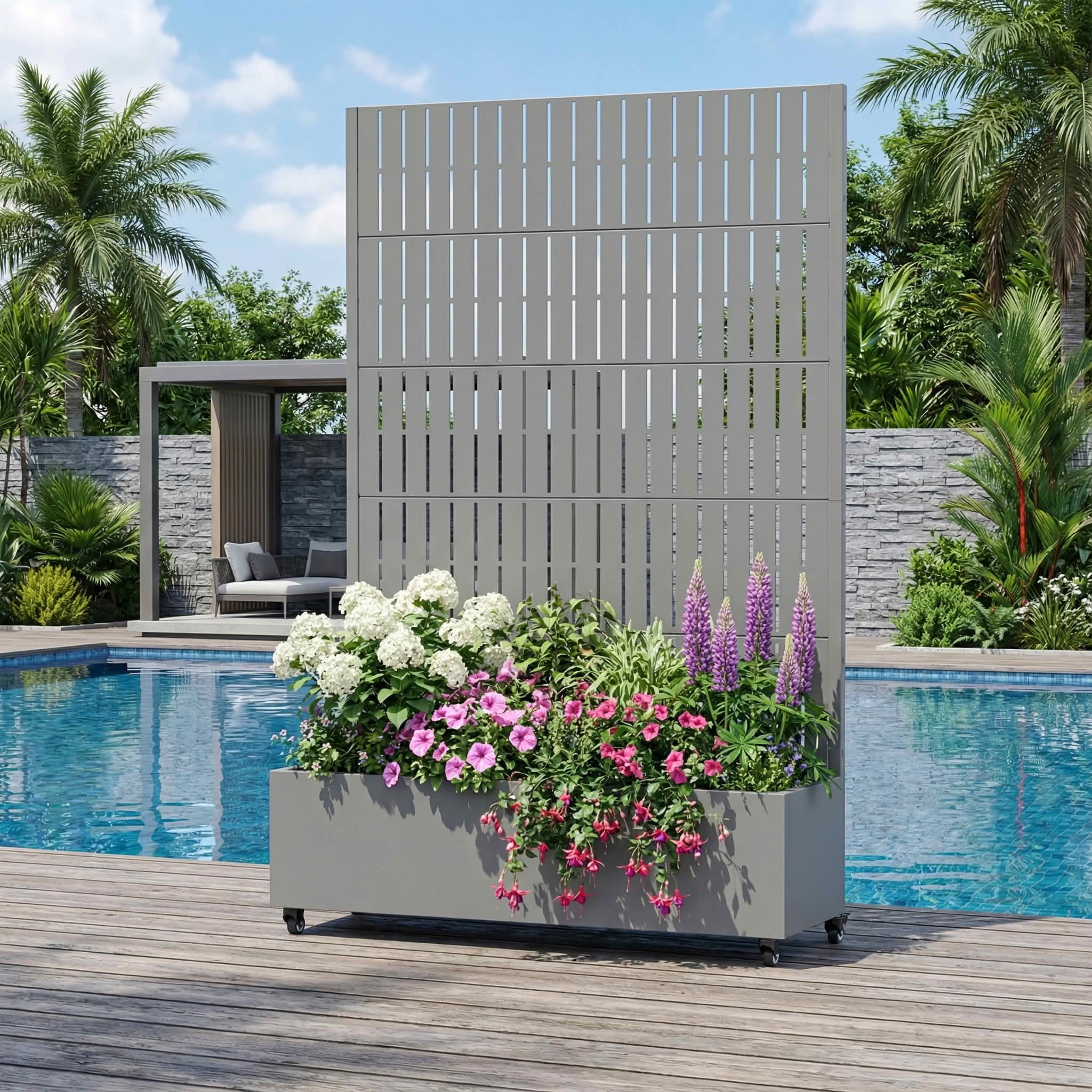MAYEERTY 72X47" Metal Outdoor Gray Privacy Screen with Planter Box for Backyard & Garden, 5 Piece Set
