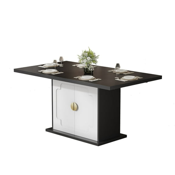 Modern Dining Table for 4-6 People, 63-Inch Square Dining Room Table with Wooden Pedestal Base and Storage, Black Kitchen Table for Dining Room, Kitchen, or Living Room (Table Only)