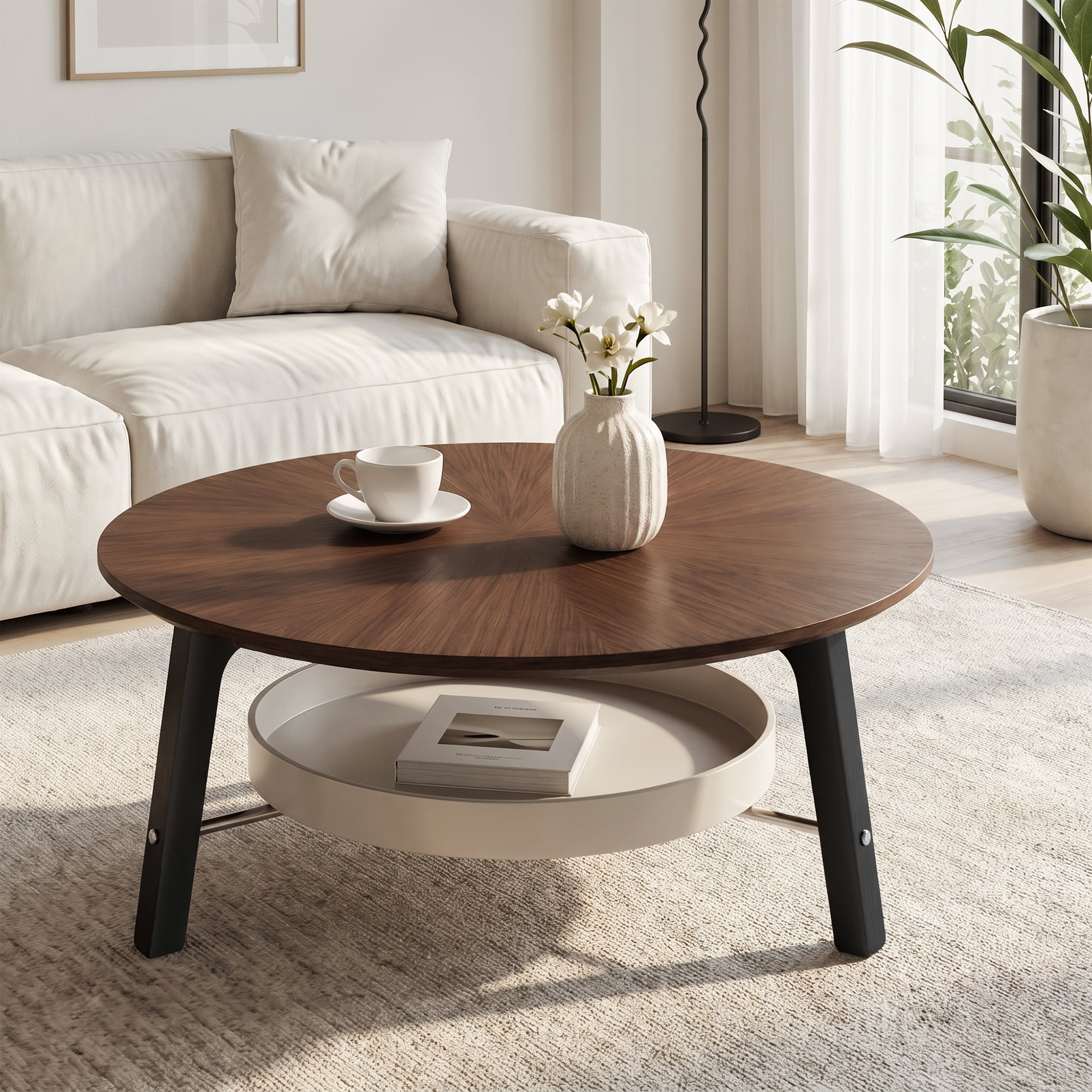 Coffee Table 35.43 Inch, Round Center Table with Storage Shelf and Black Wood Legs, Modern Accent Table for Living Room and Small Spaces, Walnut