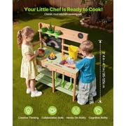 KFFKFF Outdoor Wooden Mud Kitchen for Kids, Backyard Play Kitchen with Stove, Sink, Water Tank, Gardening Tools, Cooking Utensils, Storage Box, and Accessories, Ideal for Home or Garden Play