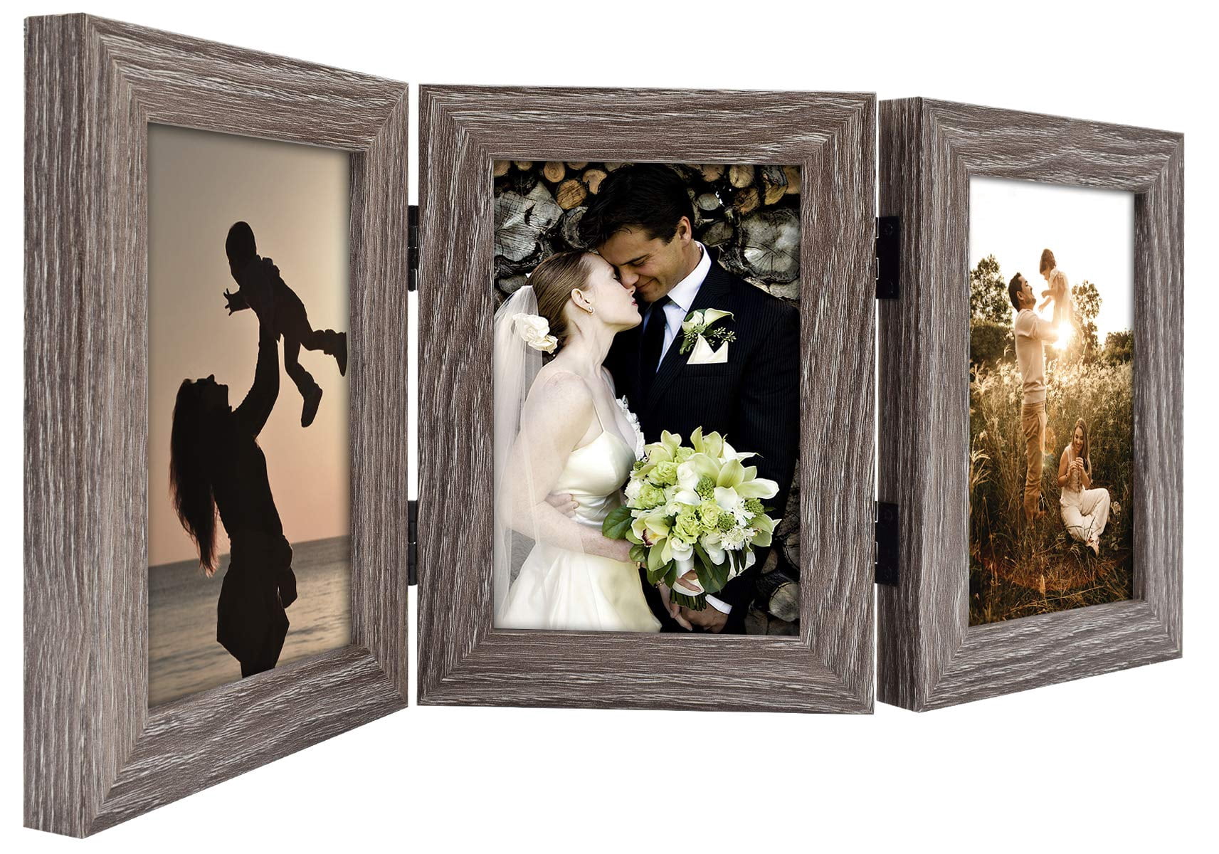 Golden State Art 3-Opening 4x6 Trifold Hinged Desk Top Decor Picture Frame, Grey, 2-Pack
