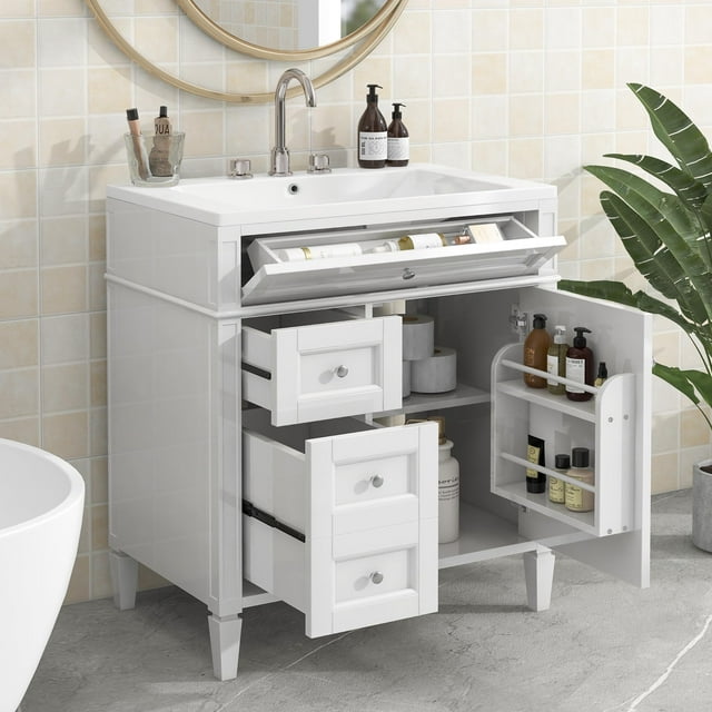 Virubi Coiffeuse de Salle de Bain 30 Pieds' avec Combo Évier Simple Armoire de Rangement Moderne avec 2 Tiroirs 1 Tiroir Rétractable et 1 Porte Coiffeuse de Salle de Bain Autoportante Fermeture Douce Cadre en Bois Massif