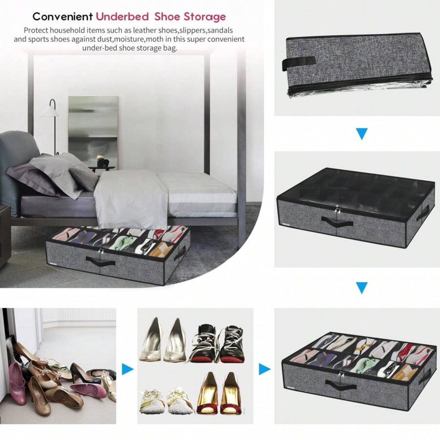 NTGFU 2 Pack Sturdy Under Bed Shoe Storage Organizers, Fit Total 24 Pairs, Large Underbed Closet Shoes Box Container Bag with Clear Cover, 29.3x23.6x5.9 Inches(Except For Men's Sports Shoes)