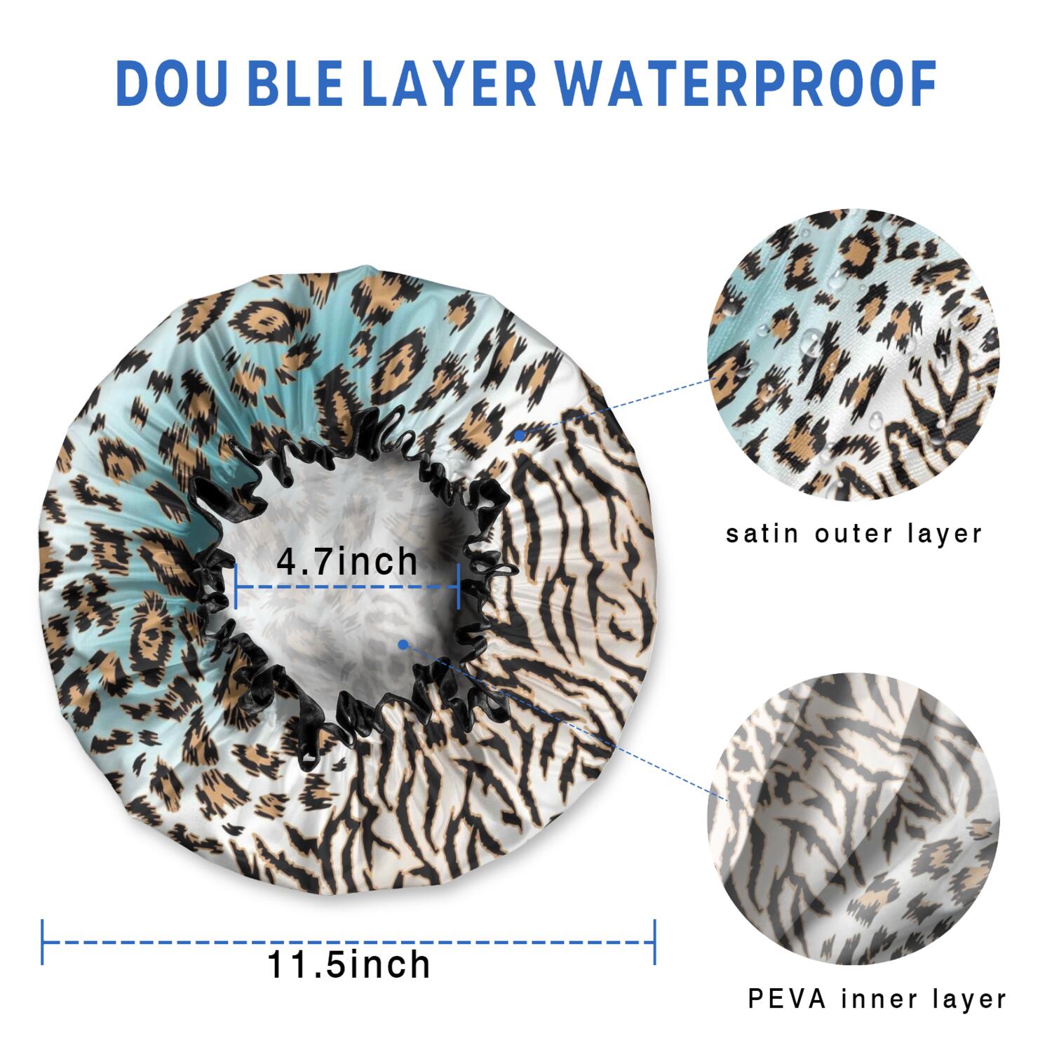Shower Caps,Leopard and Tiger Pattern Waterproof Shower Cap for Women 4 Pieces,Double Reusable Hair Cover for Shower PEVA Elastic Stretch Hem